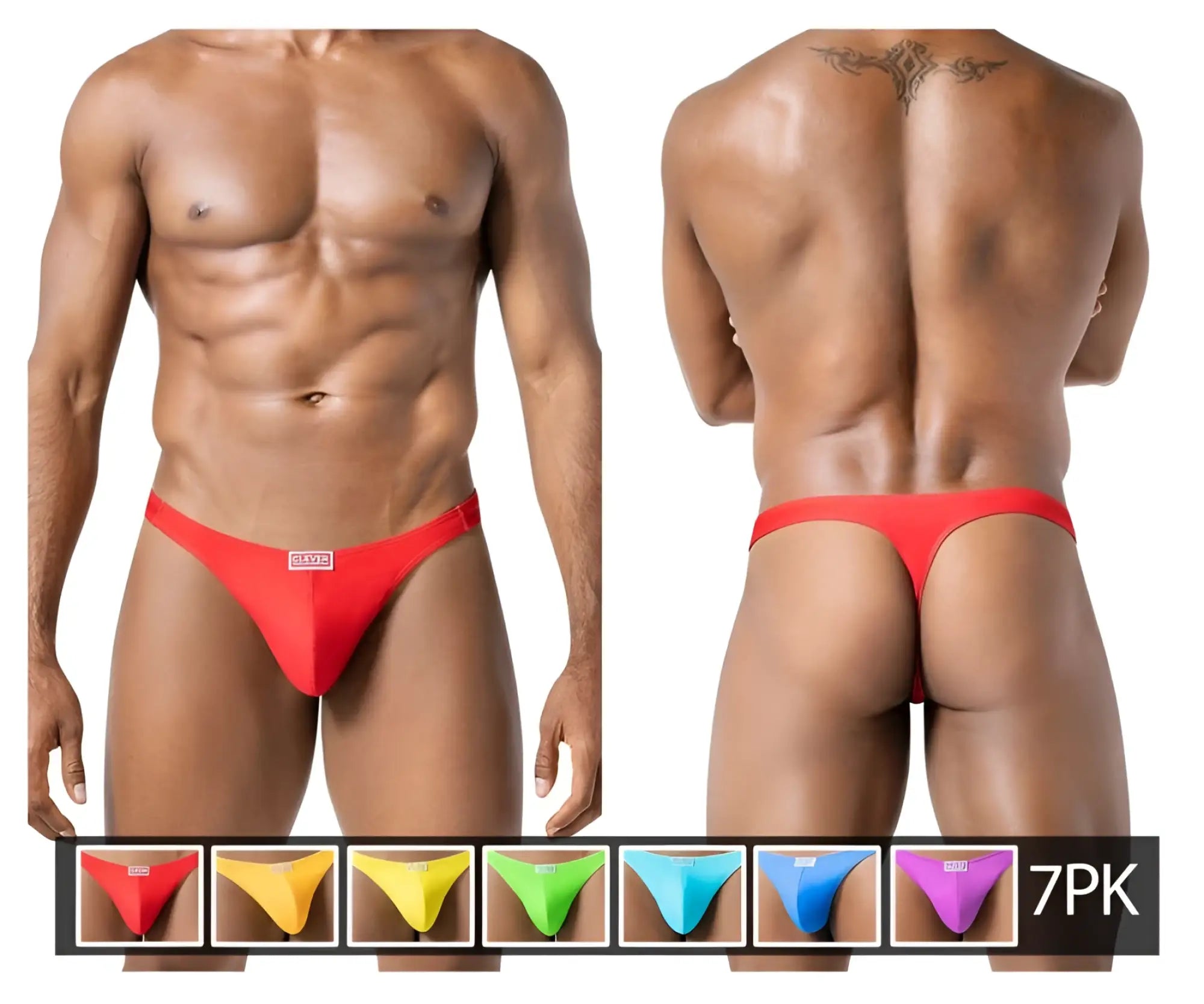 Red form-fitting thong with a small rectangular logo front from clever 10009 7pk pride thongs color multi-colored pack