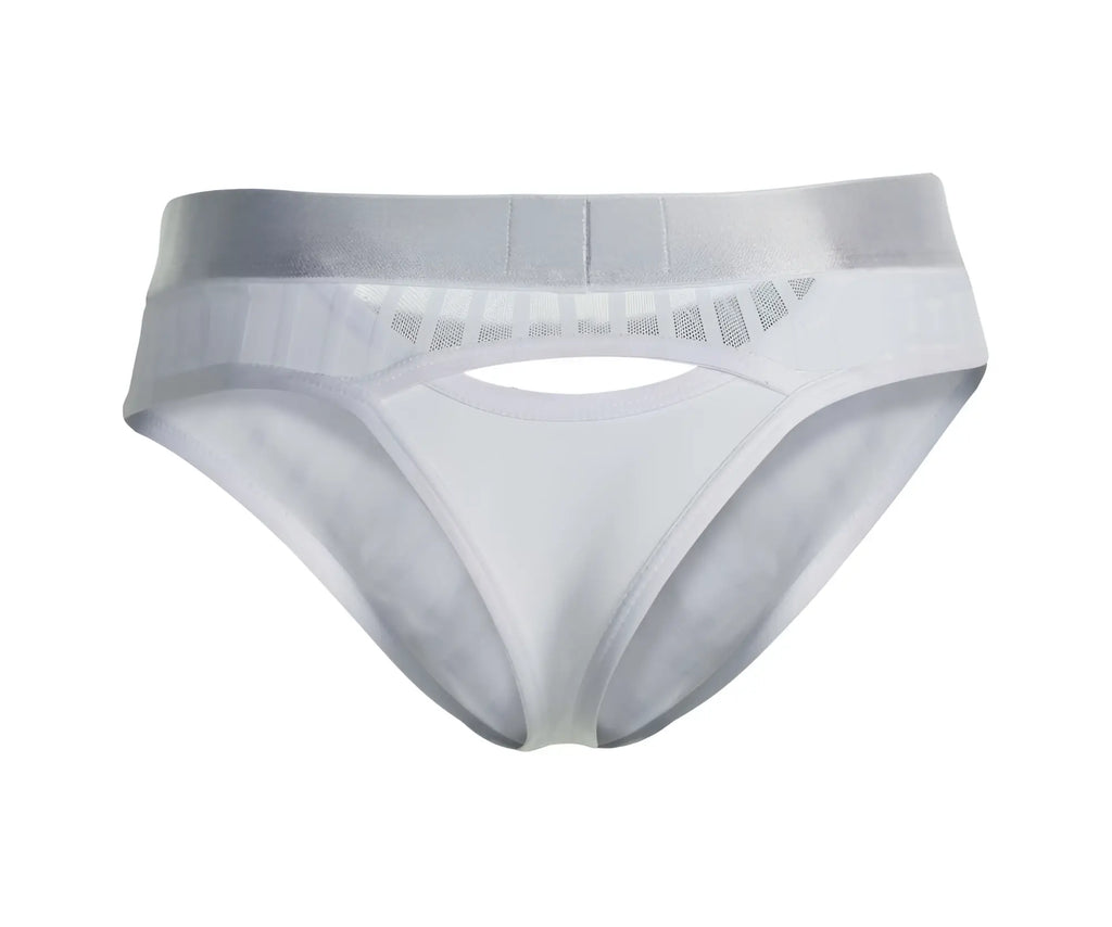 White clever 1034 lucerna thongs with silver mesh panel and elastic waistband athletic briefs front view