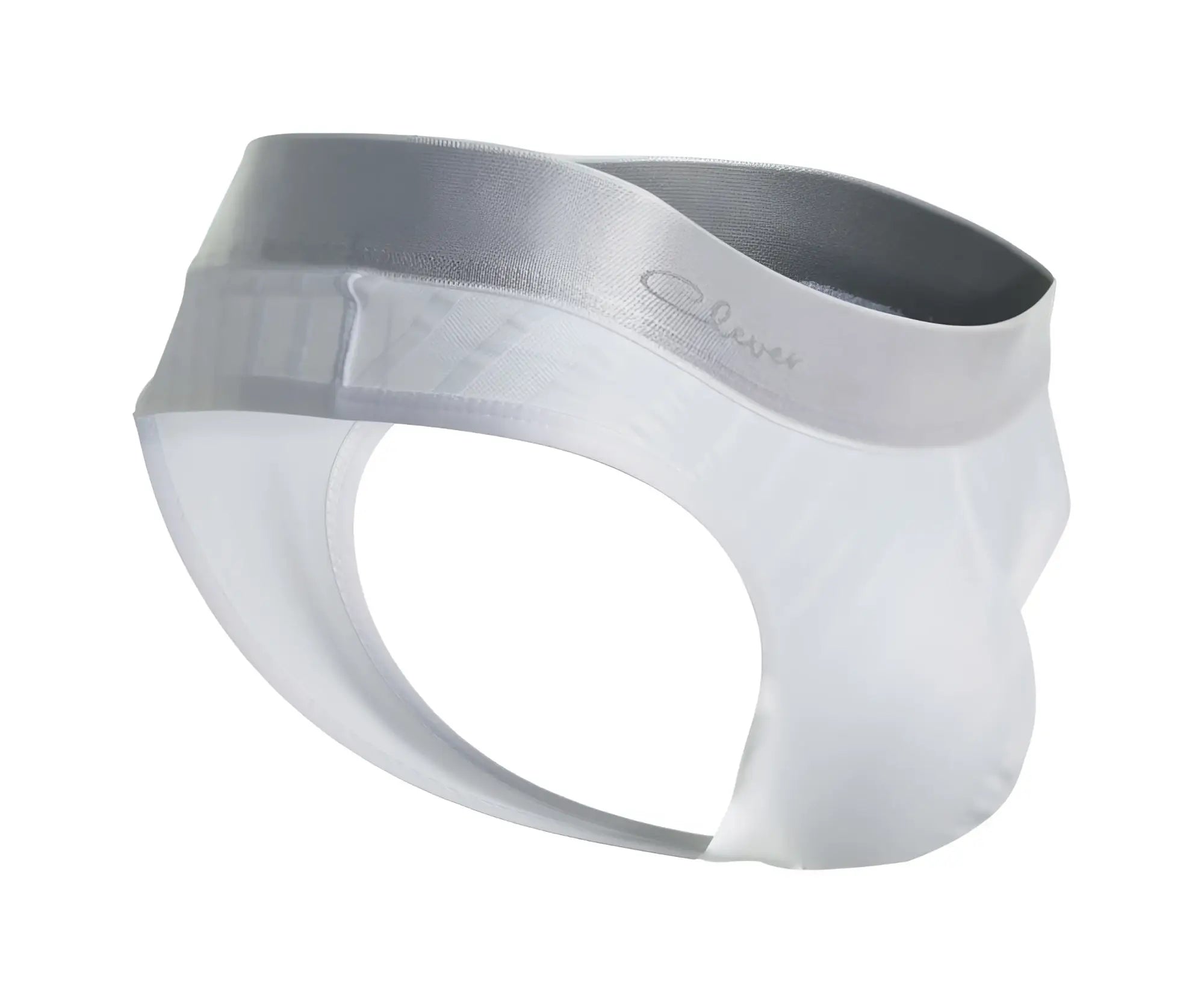 White sheer men’s briefs with a satin gray waistband featuring the Clever brand logo from Clever 1034 Lucerna Thongs