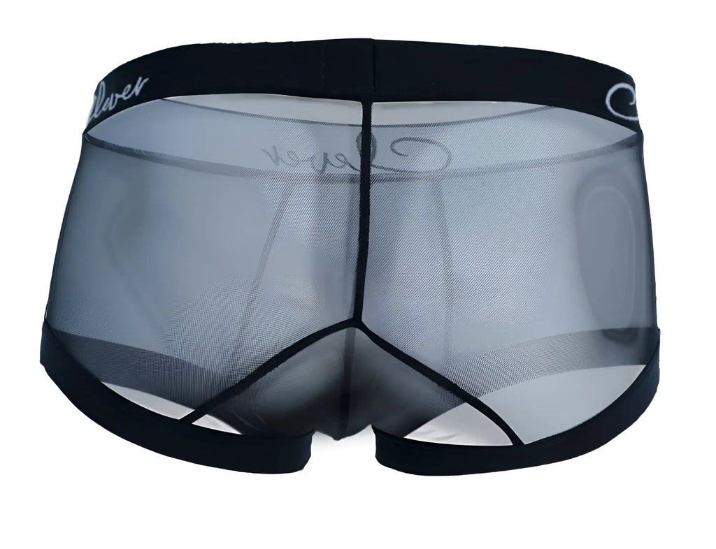Black mesh men’s underwear clever 1226 demon trunks with solid black waistband and lover brand logo in white cursive