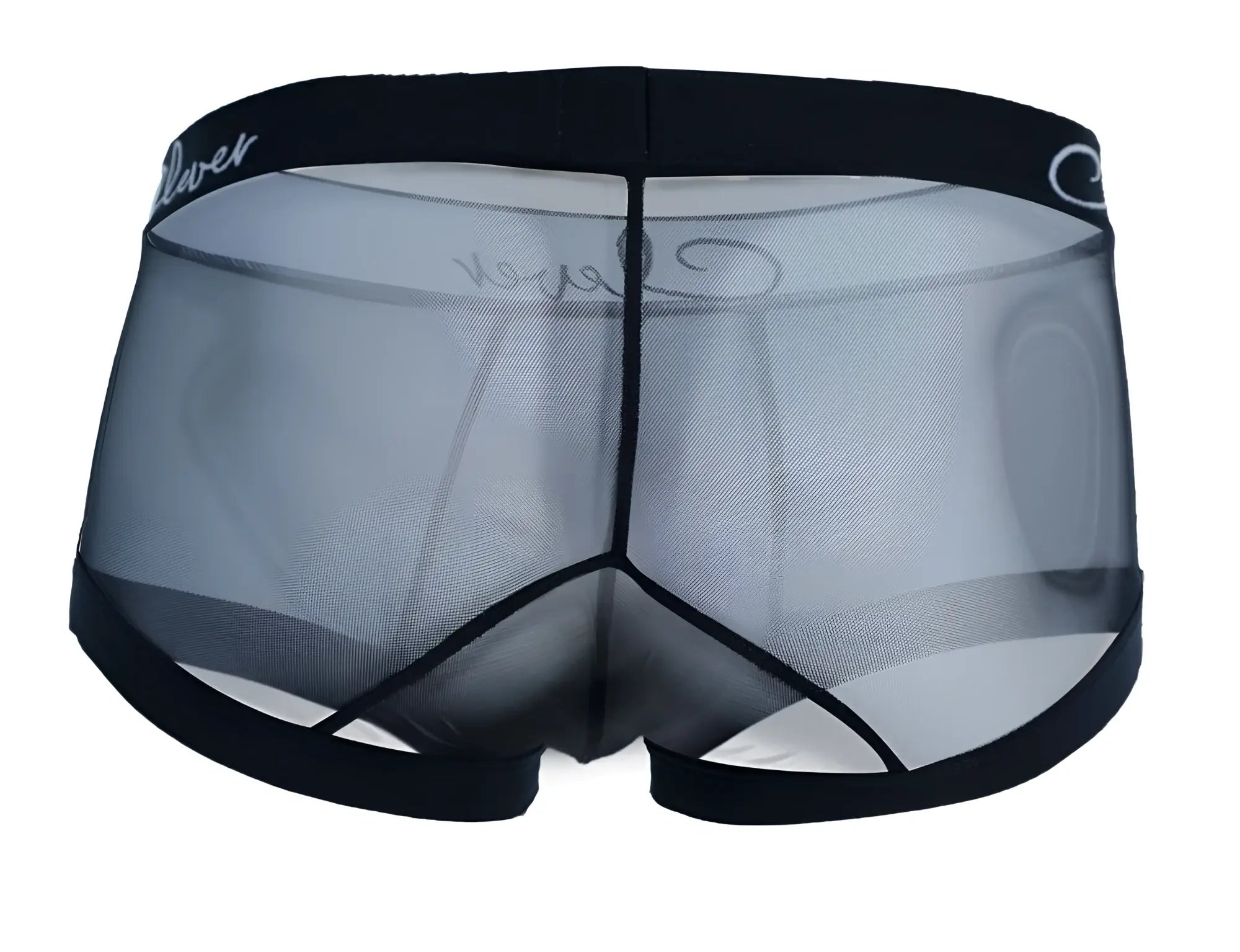 Black mesh men’s underwear clever 1226 demon trunks with solid black waistband and lover brand logo in white cursive