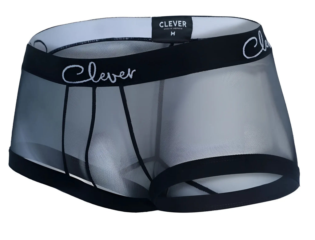 Black mesh men’s underwear clever 1226 demon trunks with solid black waistband and leg openings in black color