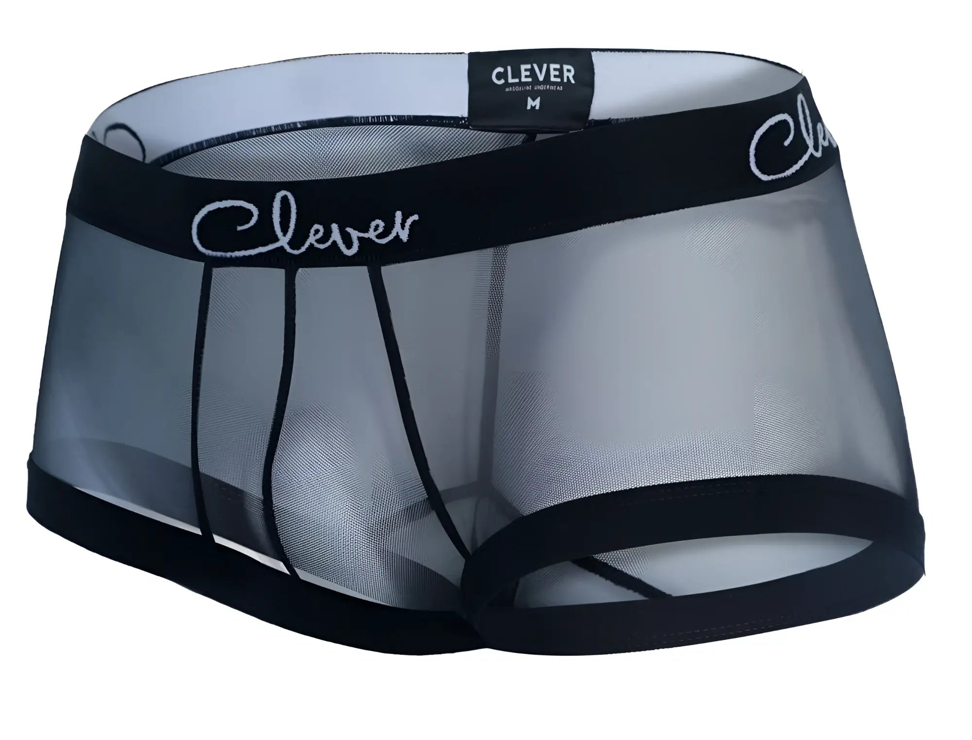 Black mesh men’s underwear clever 1226 demon trunks with solid black waistband and leg openings in black color
