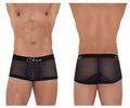 Black sheer boxer briefs with black elastic waistband and clever brand name in white cursive script from clever 1226 demon trunks
