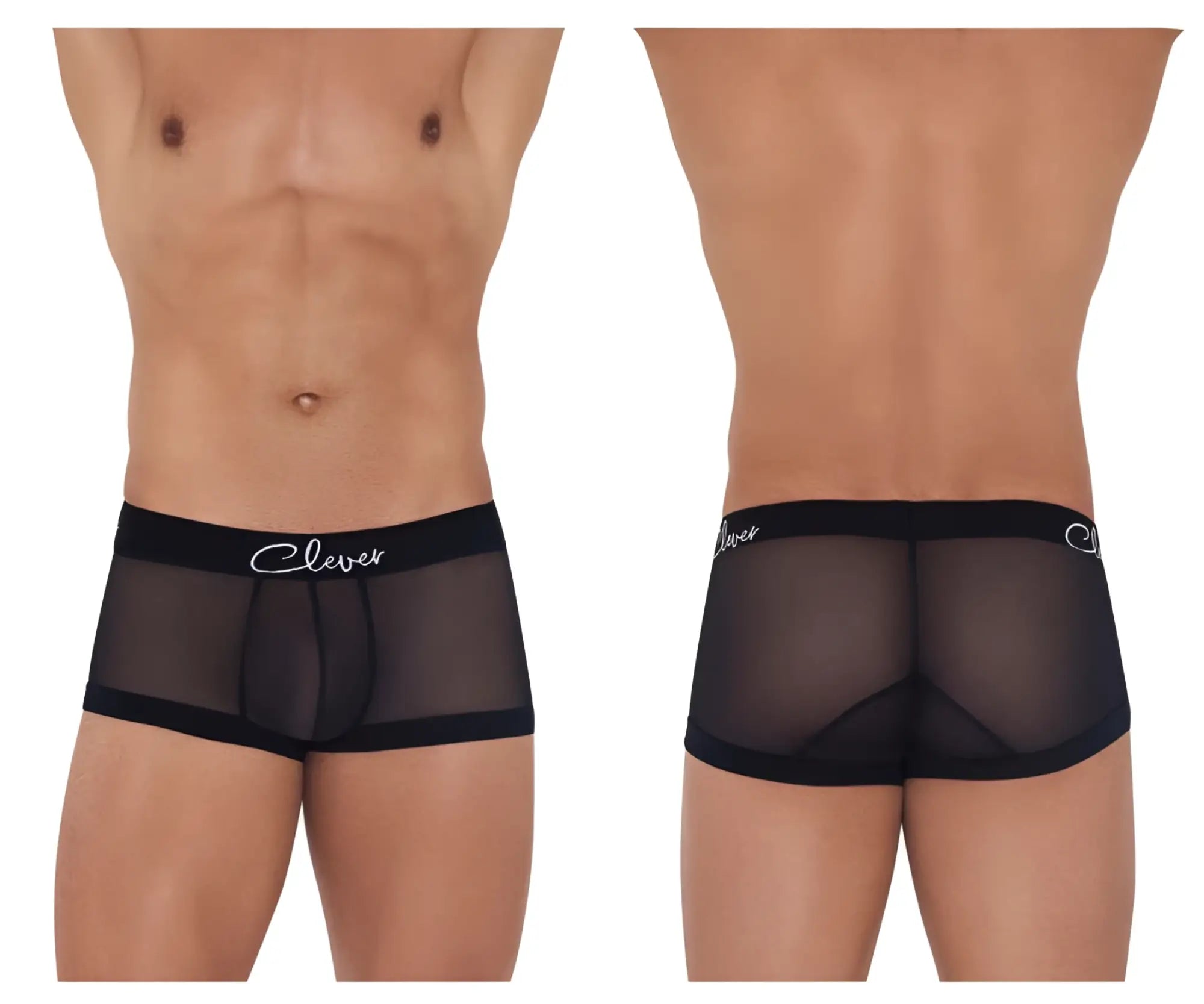 Black sheer boxer briefs with black elastic waistband and clever brand name in white cursive script from clever 1226 demon trunks