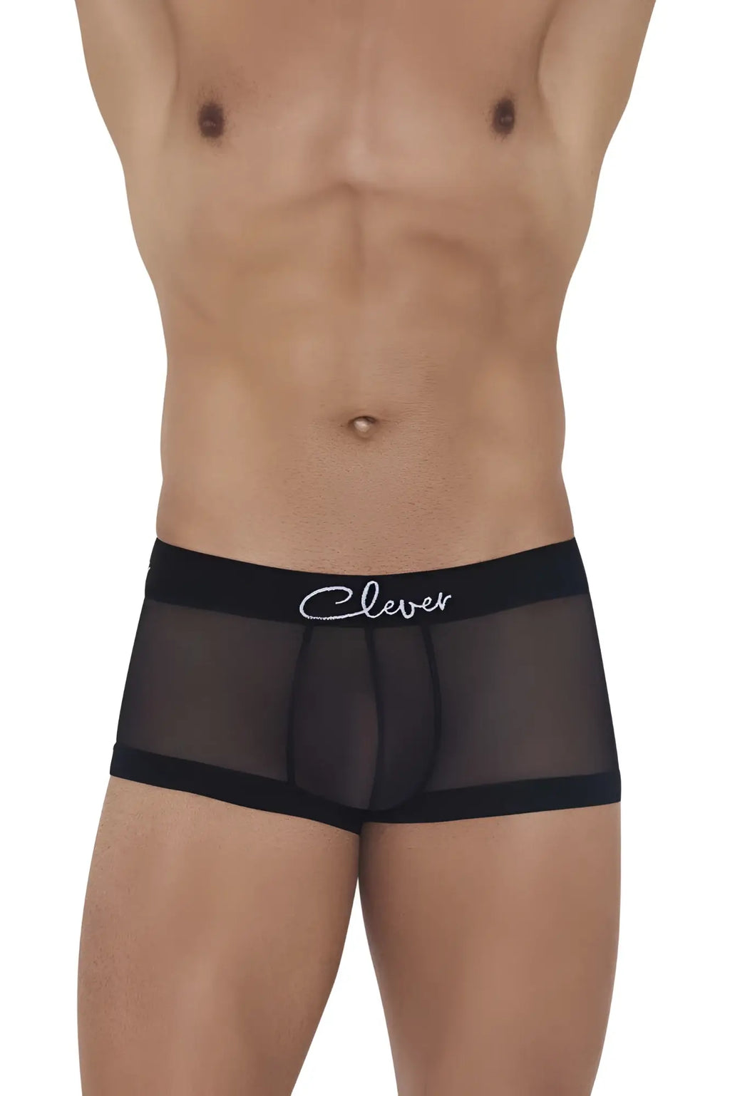 Black sheer boxer briefs with solid black waistband featuring clever in white cursive script from clever 1226 demon trunks