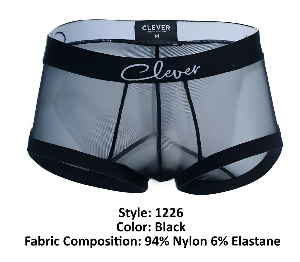 Clever 1226 demon trunks black sheer mesh briefs with black elastic trim and white clever logo on waistband
