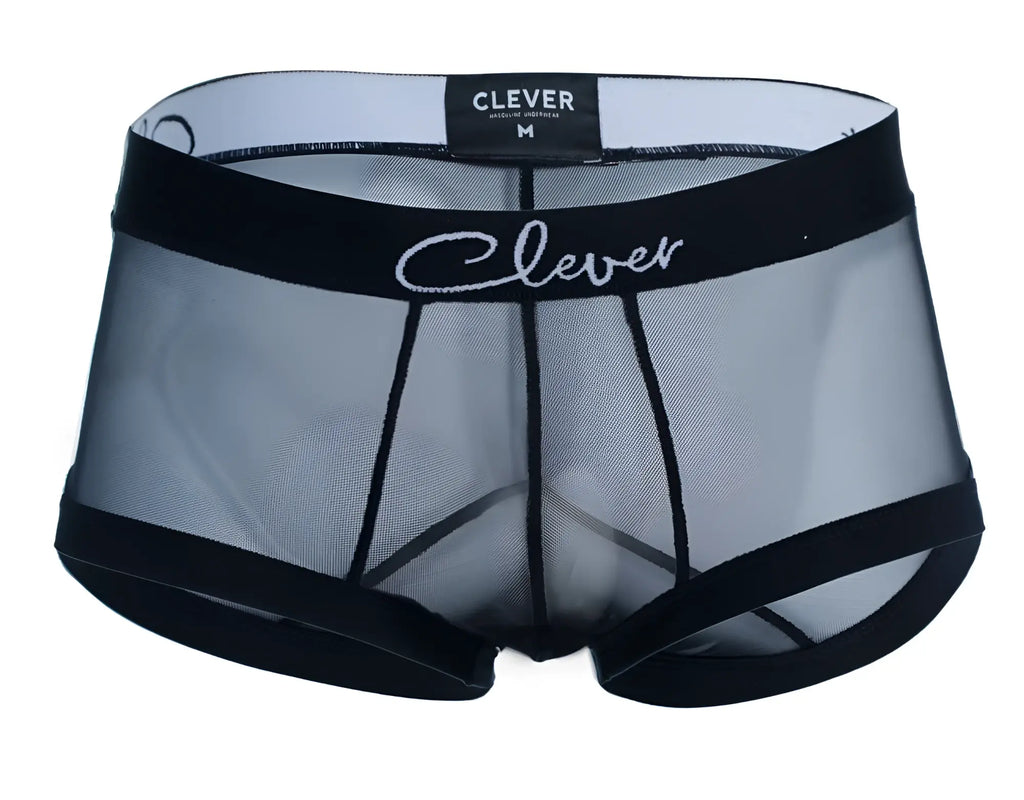 Black sheer mesh clever 1226 demon trunks briefs with black elastic waistband and white clever logo in cursive script