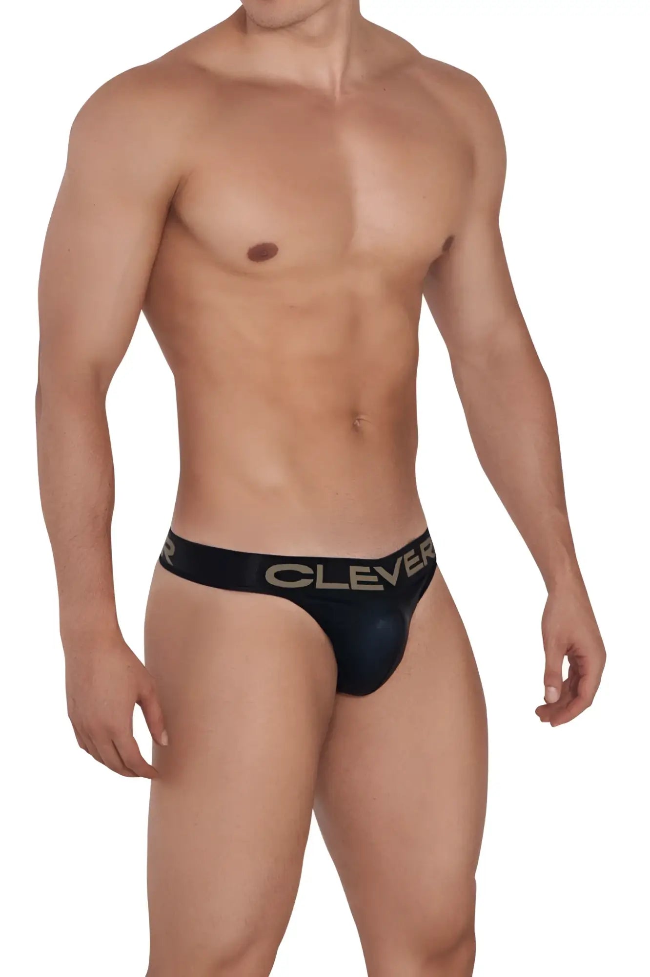 Black clever 1410 earth thongs with sleek form-fitting design and gold lettering on waistband