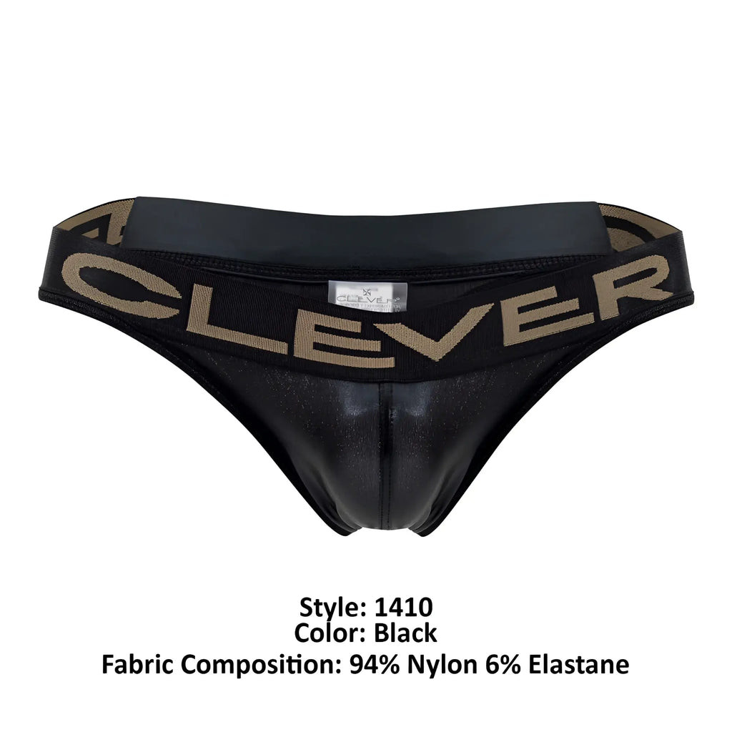 Black clever 1410 earth thong made of shiny stretchy nylon and elastane fabric shown from the back side