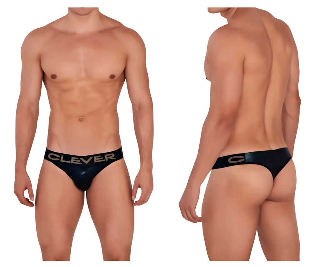Black glossy briefs clever 1410 earth thongs with silver clever branding on the waistband in black color