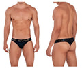 Black glossy briefs clever 1410 earth thongs with silver clever branding on the waistband in black color