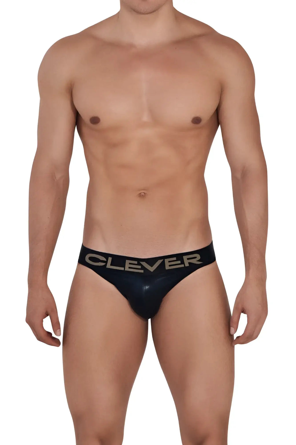 Black patent leather briefs with a sleek glossy finish and clever printed in gold on the waistband