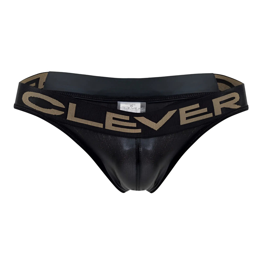 Black shiny leather-like briefs with tan clever logo band from clever 1410 earth thongs collection