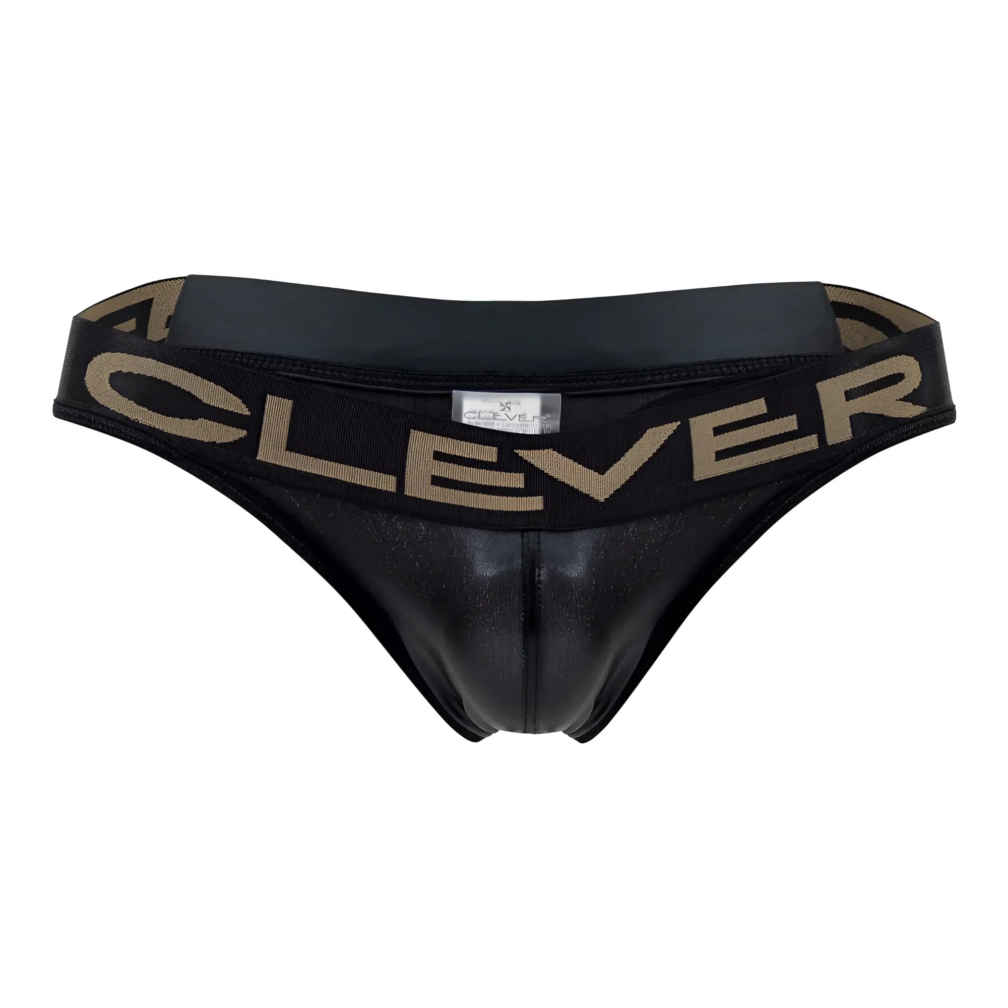 Black shiny leather-like briefs with tan clever logo band from clever 1410 earth thongs collection
