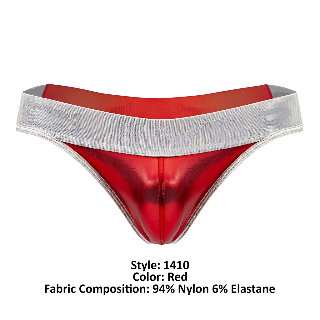Red metallic nylon thong with a silver elastic waistband from clever 1410 earth thongs in red color