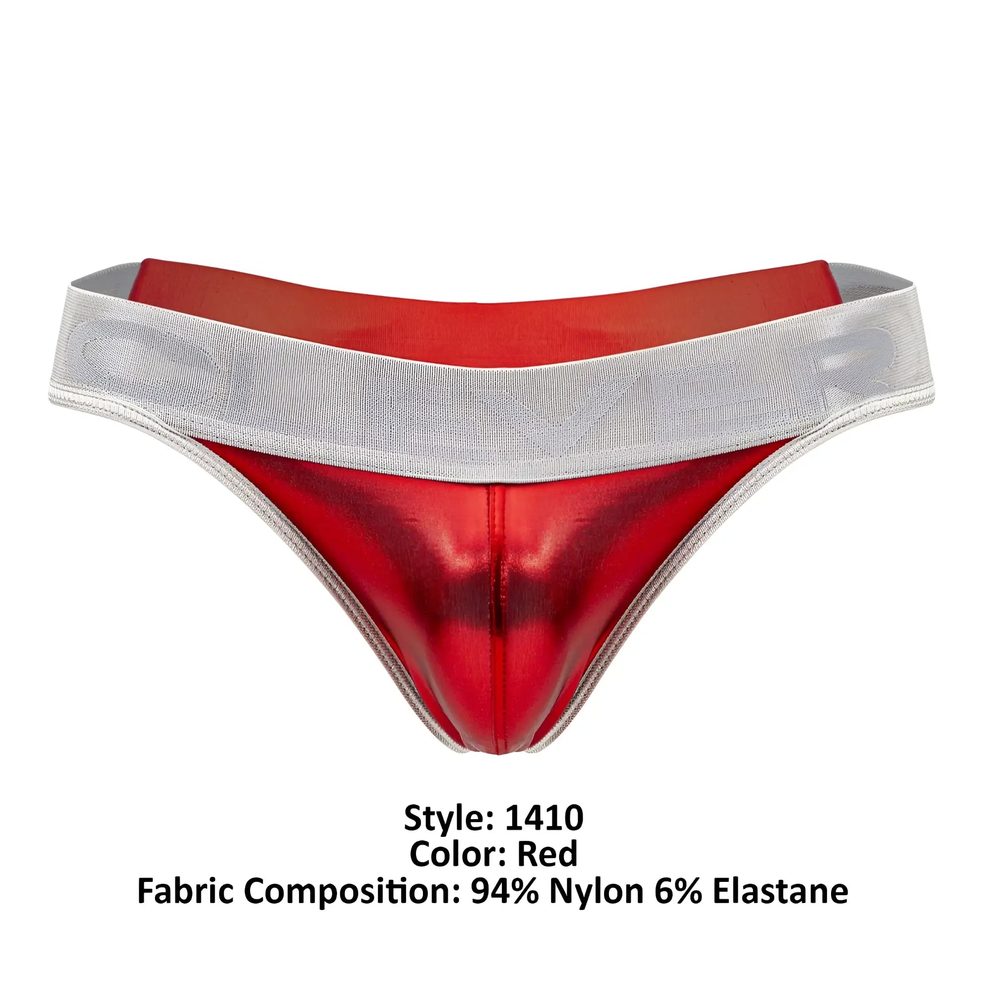 Red metallic nylon thong with a silver elastic waistband from clever 1410 earth thongs in red color