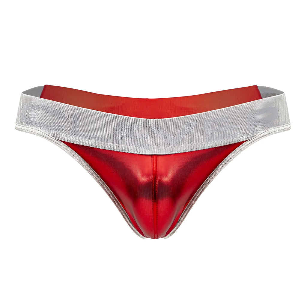 Red metallic Clever 1410 Earth thong with a silver waistband showing front side design and material details