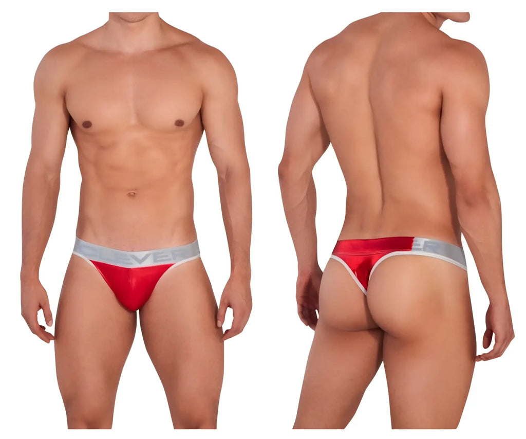 Red satin clever 1410 earth briefs with silver elastic waistband featuring ever brand name in bold lettering