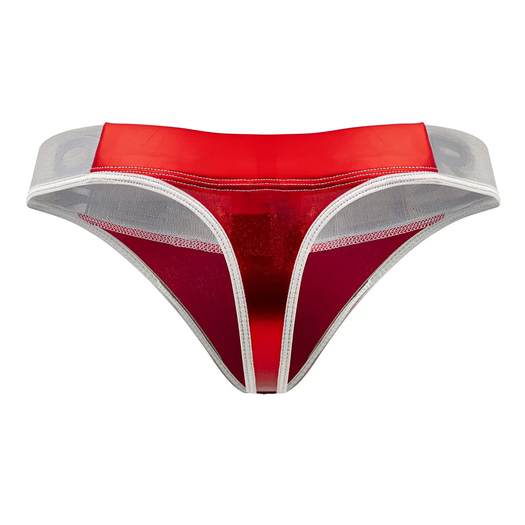 Red and silver mesh thong with a shiny satin-like waistband from clever 1410 earth thongs collection