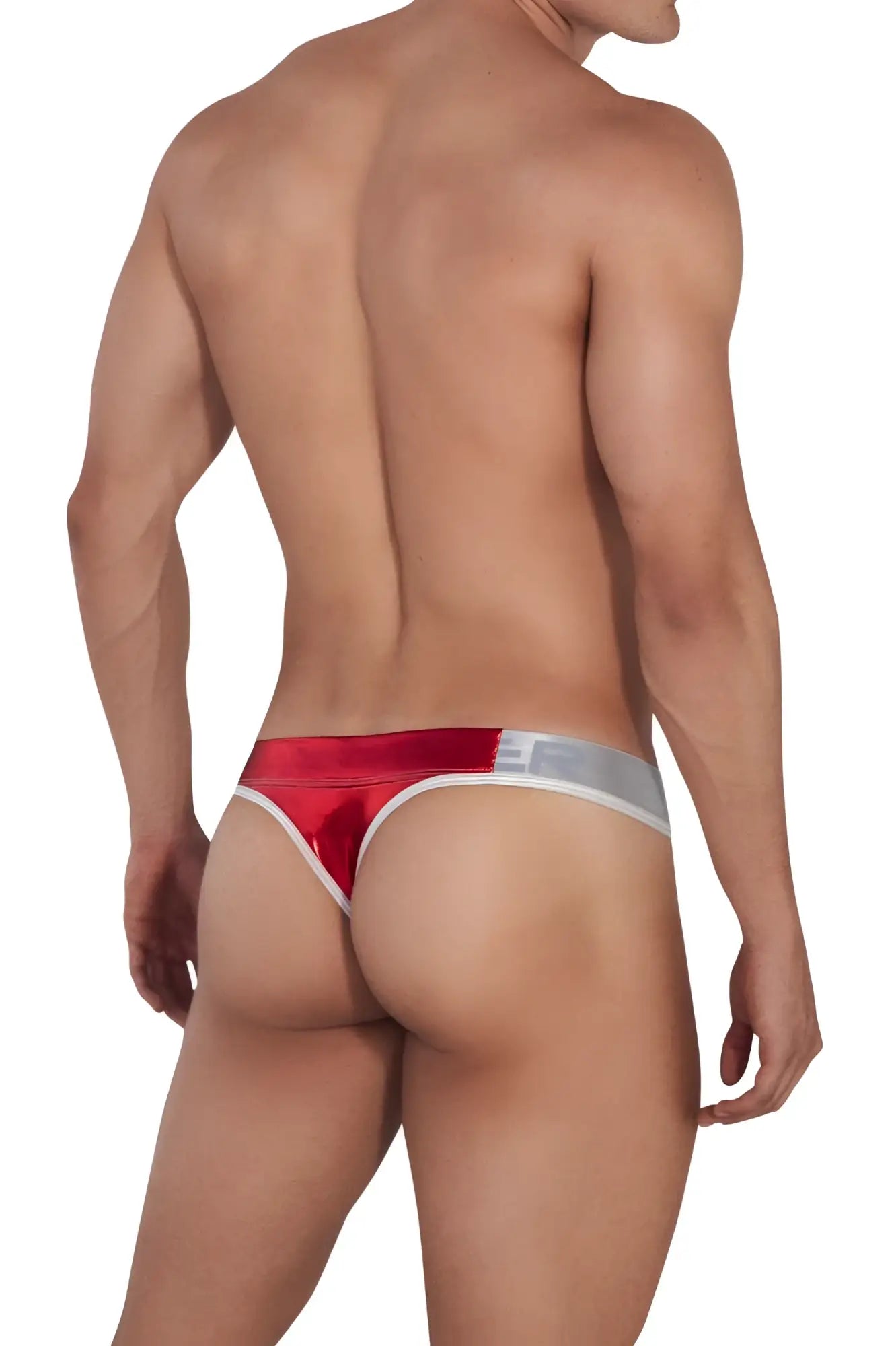 Red and silver metallic clever 1410 earth thongs with a sleek shiny finish in briefs style