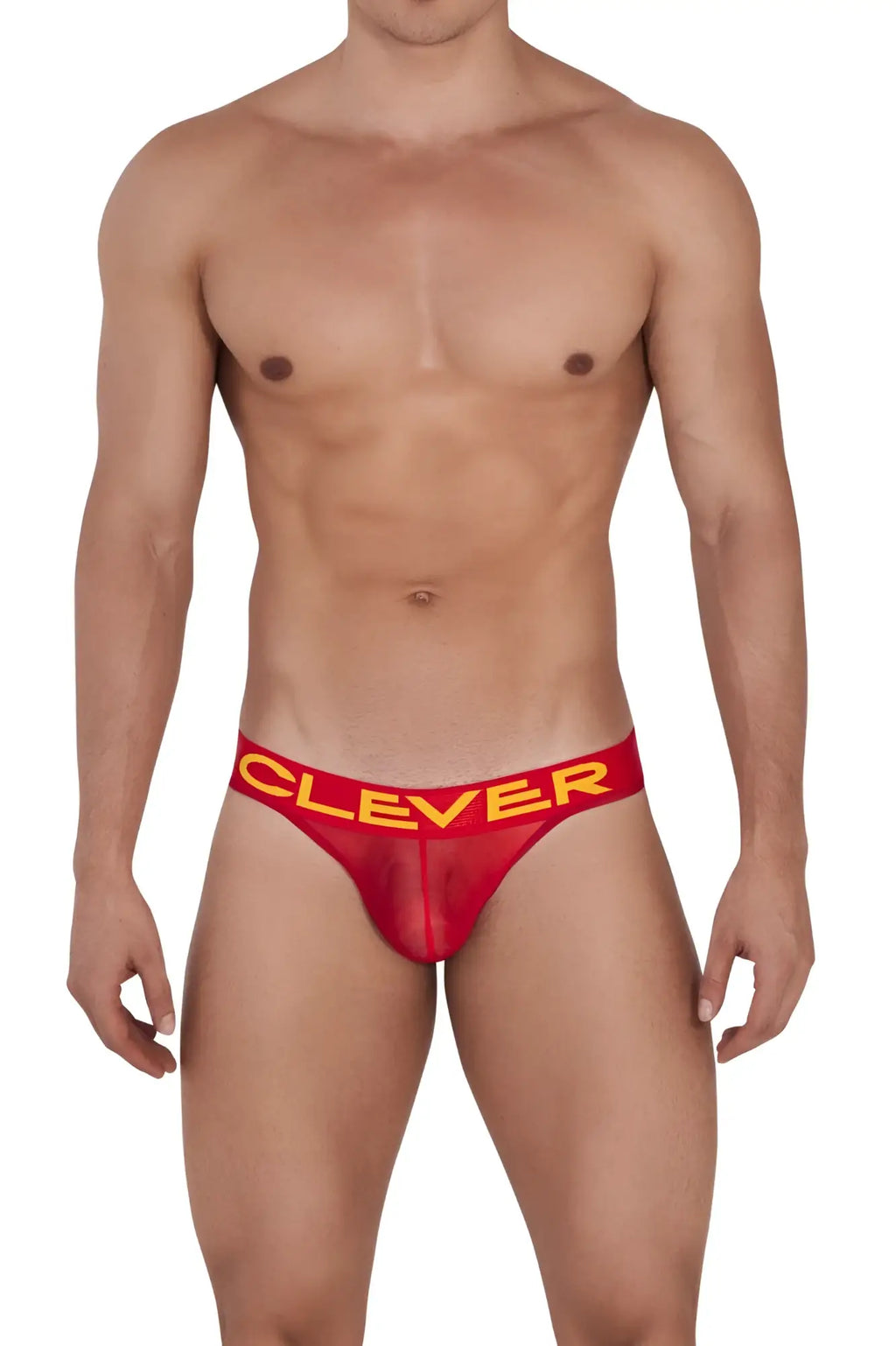 Red clever 1411 wind thongs with a bold yellow logo on the waistband designed for comfortable support