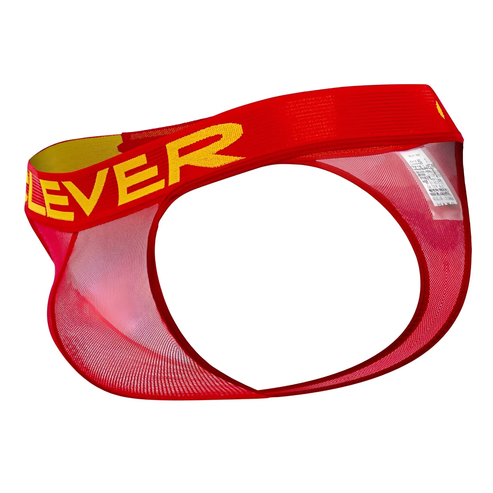 Red mesh briefs with a bold yellow clever logo on the waistband from clever 1411 wind thongs color red collection