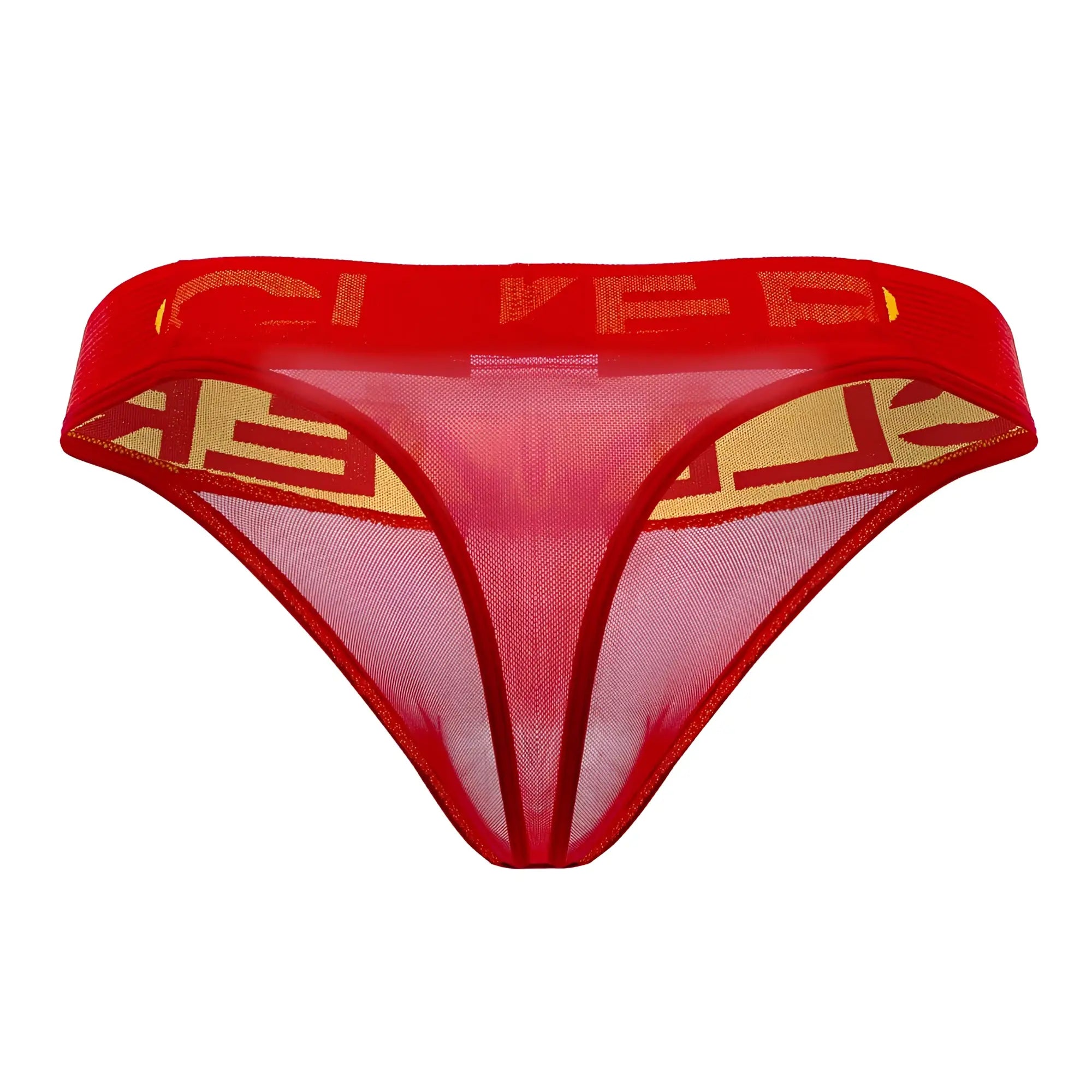Red mesh clever 1411 wind thong with bold gold geometric pattern on waistband and leg openings