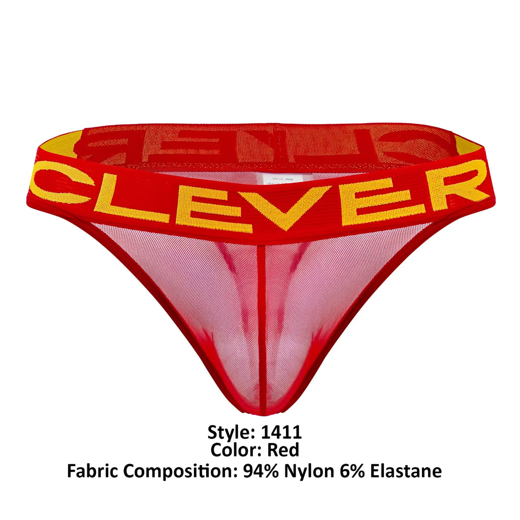 Red sheer mesh thong with bold yellow clever branding on the waistband from clever 1411 wind thongs collection