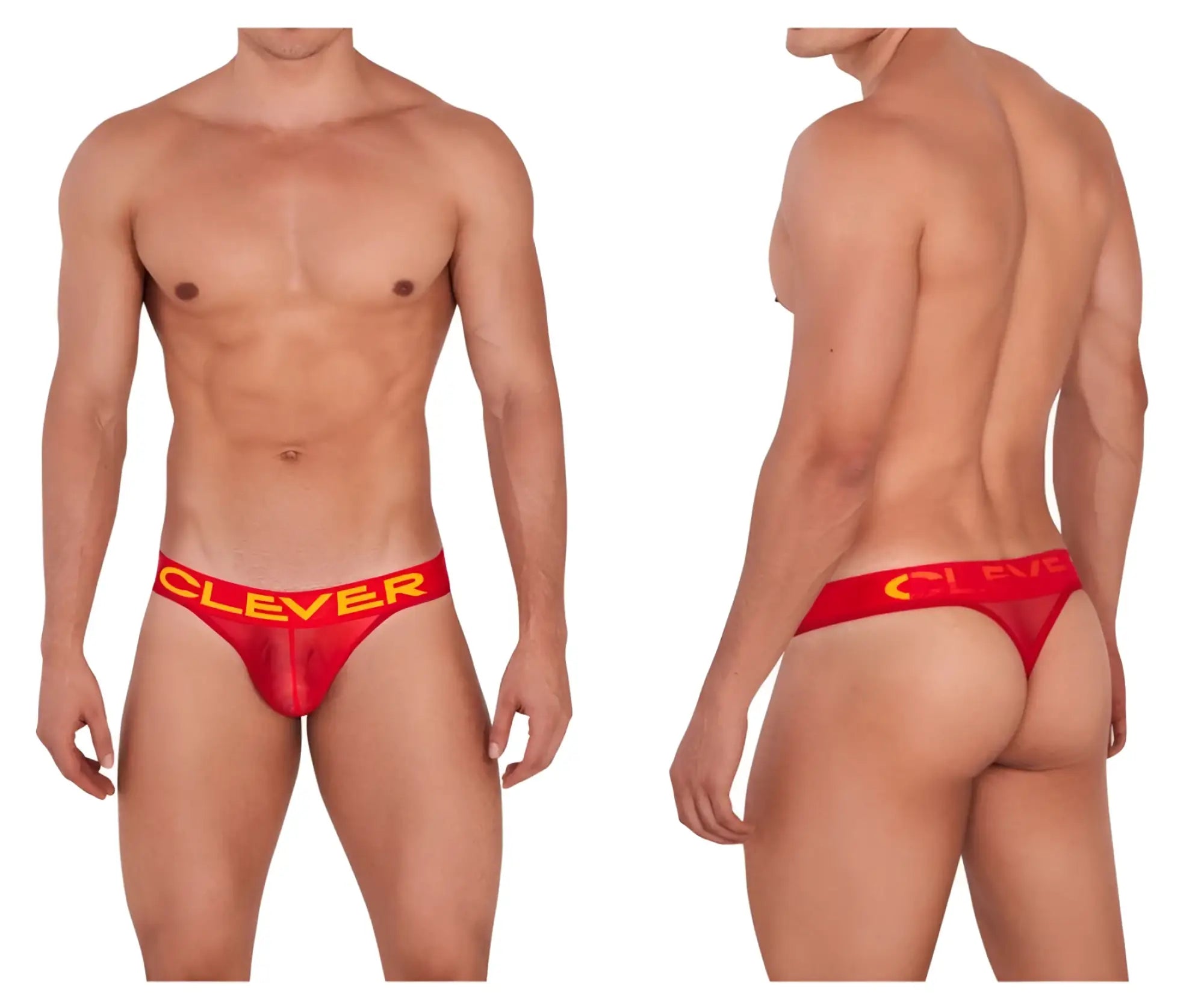 Red transparent clever 1411 wind thong with bold yellow logo band shown from the back side