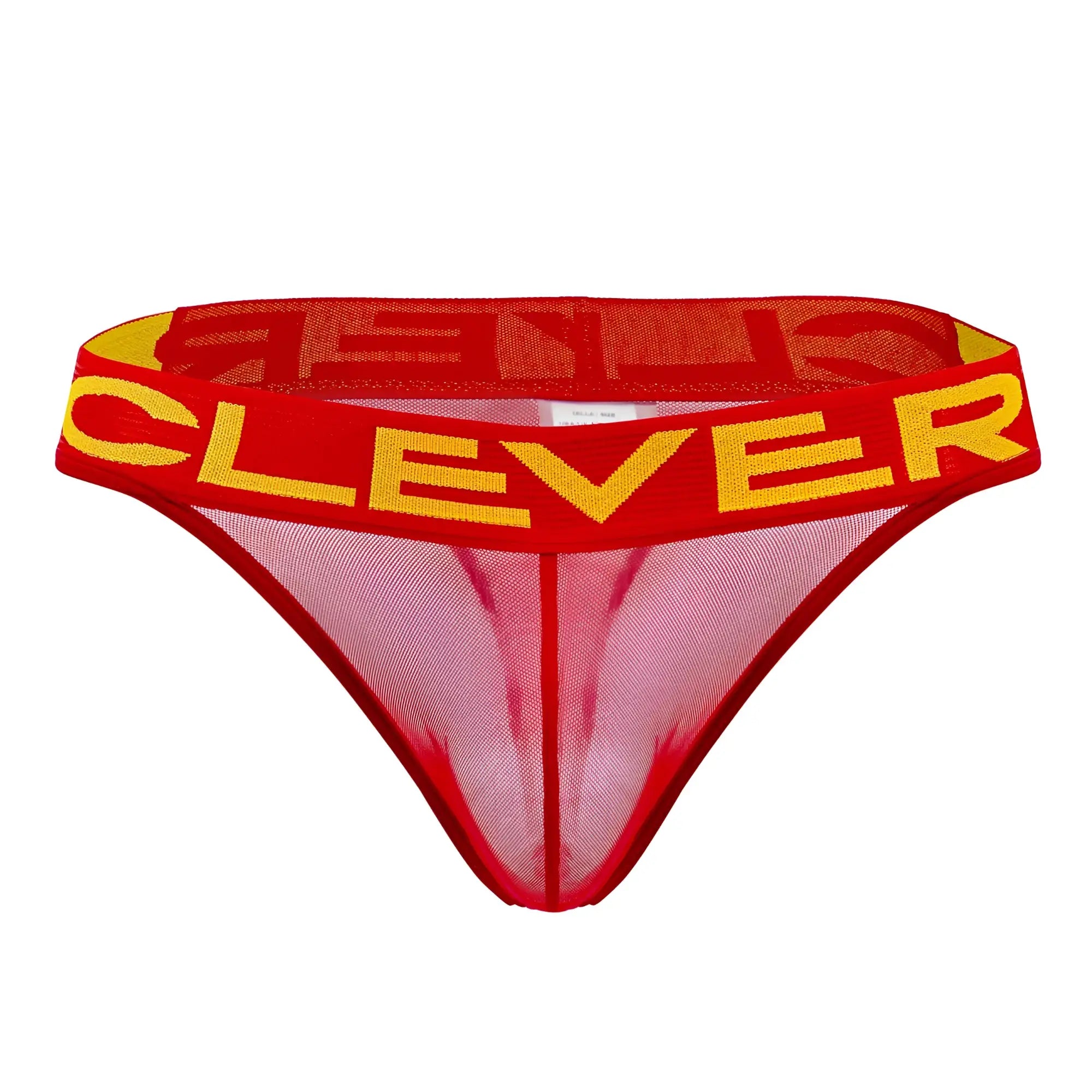 Red and yellow mesh thong with clever branding on the waistband shown from the back side in clever 1411 wind thongs color red