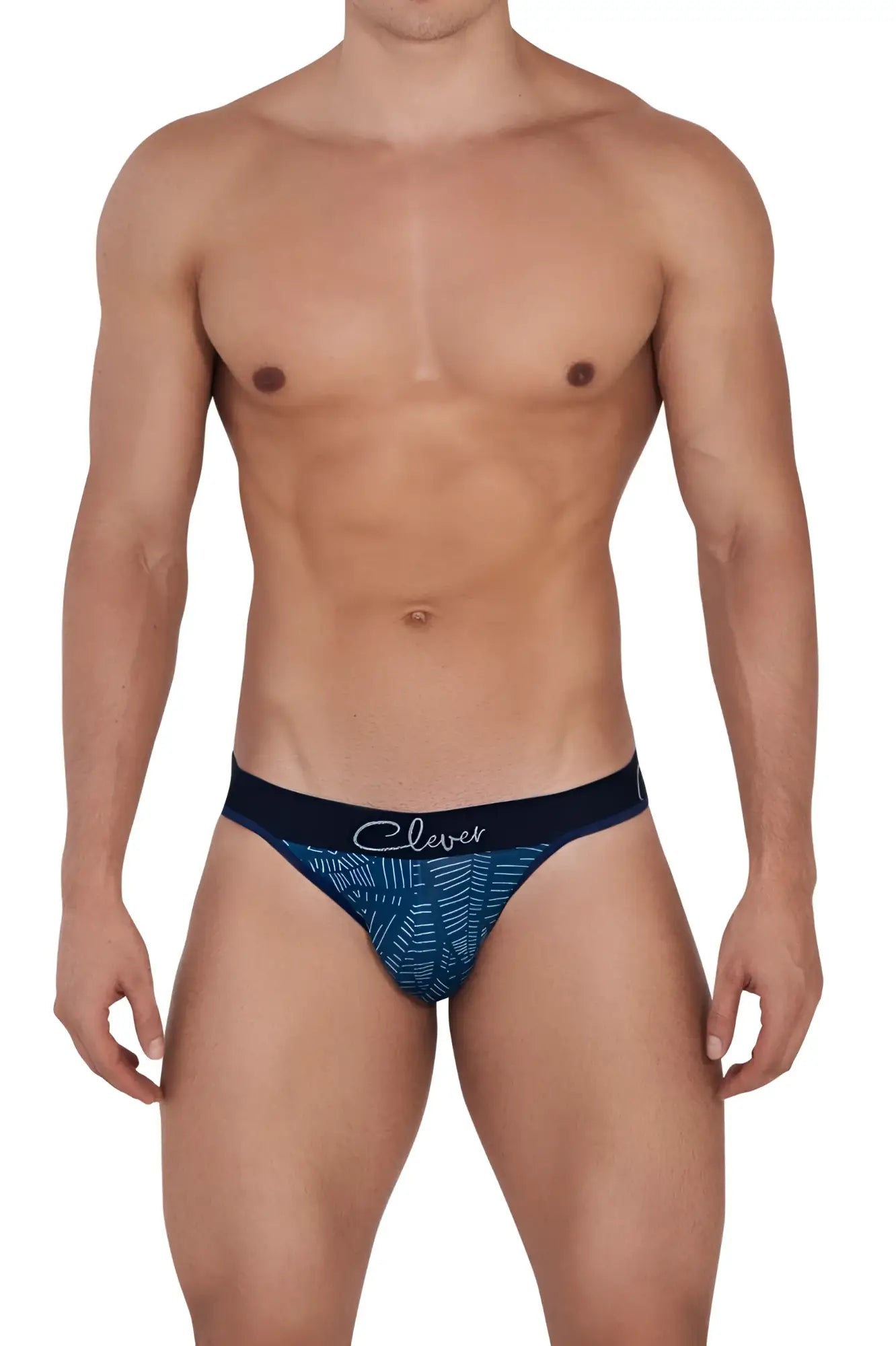 Navy blue and teal patterned clever 1416 lush thongs with black waistband and white clever logo in cursive script