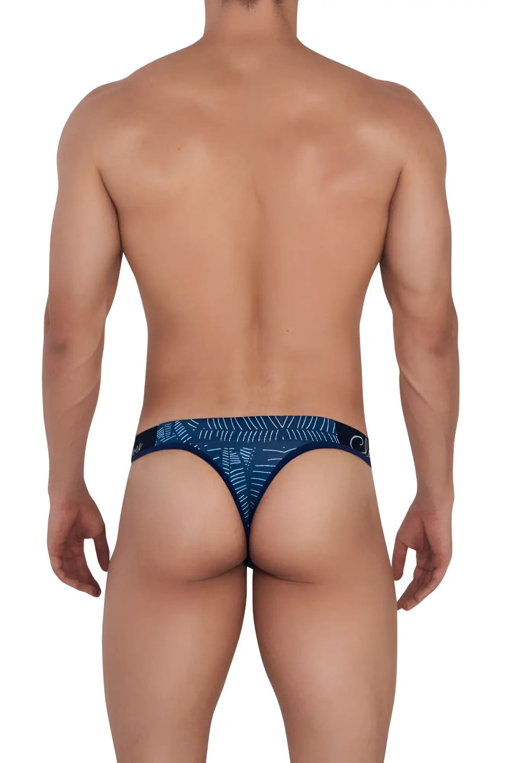 Navy blue clever 1416 lush thong with white geometric pattern and small logo on the waistband front view