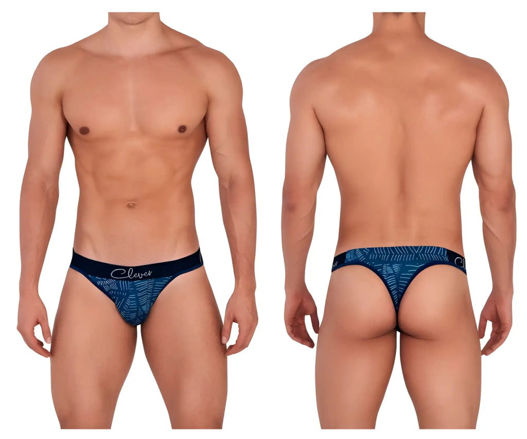 Blue patterned clever 1416 lush thongs men’s briefs with black waistband showing brand name in dark blue color
