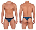 Blue patterned clever 1416 lush thongs men’s briefs with black waistband showing brand name in dark blue color