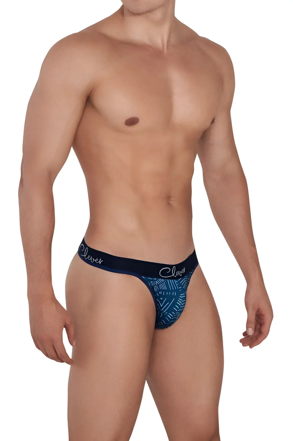 Blue patterned men’s briefs with dark blue waistband featuring clever brand name in white script for daily wear