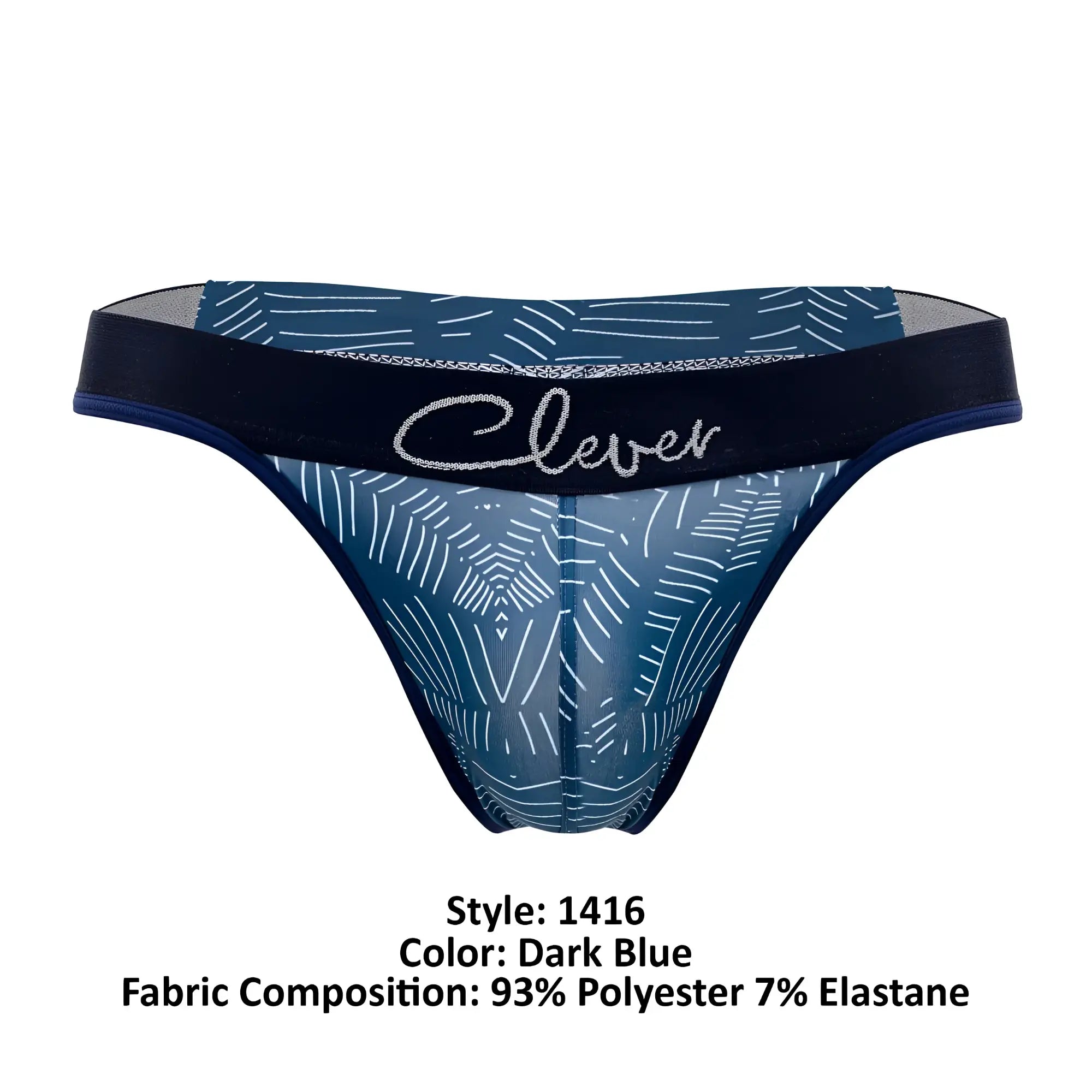 Dark blue sheer clever 1416 lush thong with white geometric pattern and black elastic waistband with silver logo