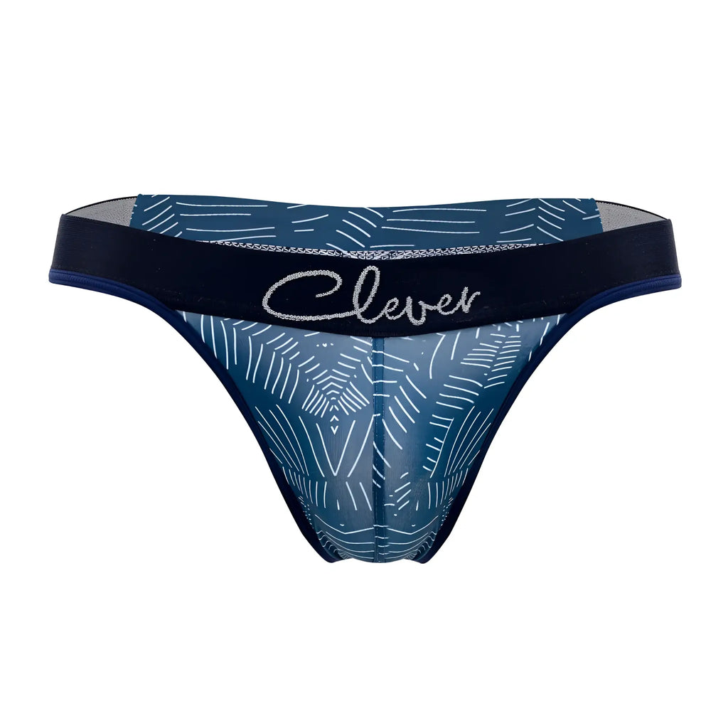 Blue sheer thong with white geometric patterns and black waistband branded clever in silver script lush thongs color dark blue