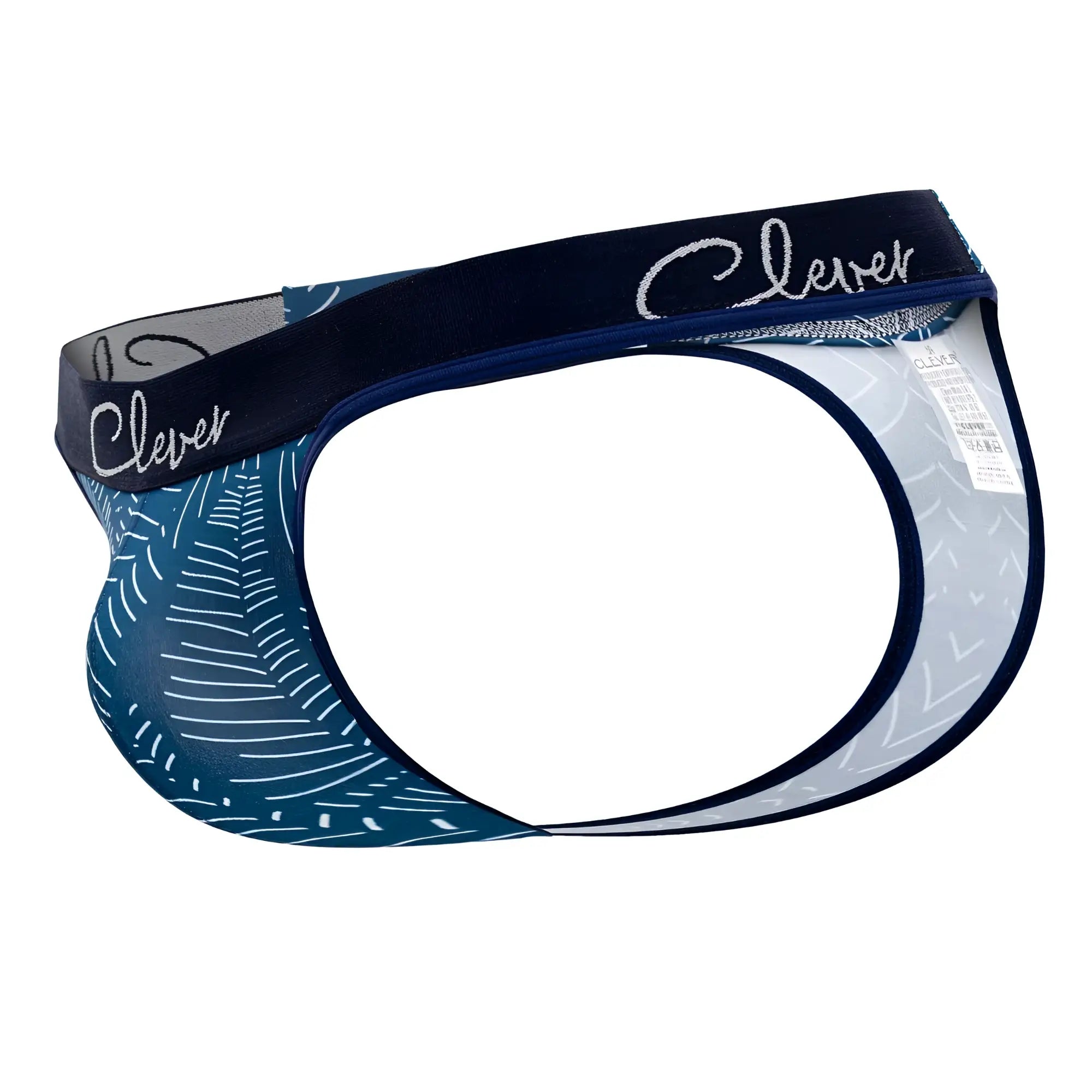 Clever 1416 lush thongs dark blue men’s briefs with blue and white pattern and black waistband with silver clever logo