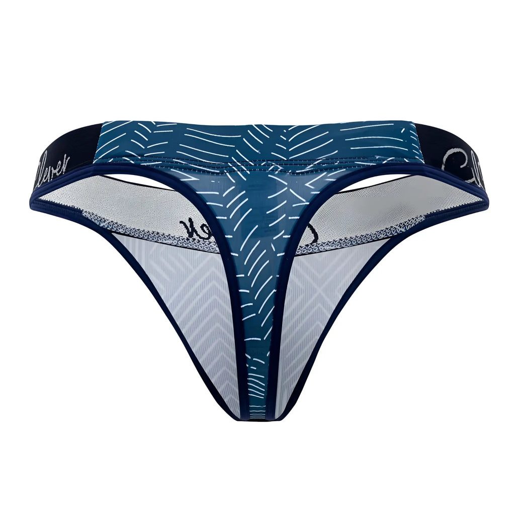 Dark blue clever 1416 lush thong with blue and white pattern mesh panels and branded waistband shown from back side