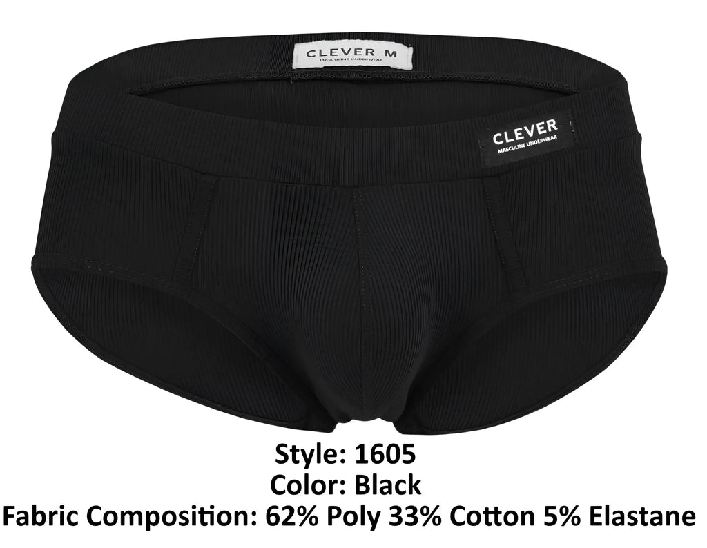 Black ribbed men’s briefs by clever featuring a sleek form-fitting design with elastic waistband in color black