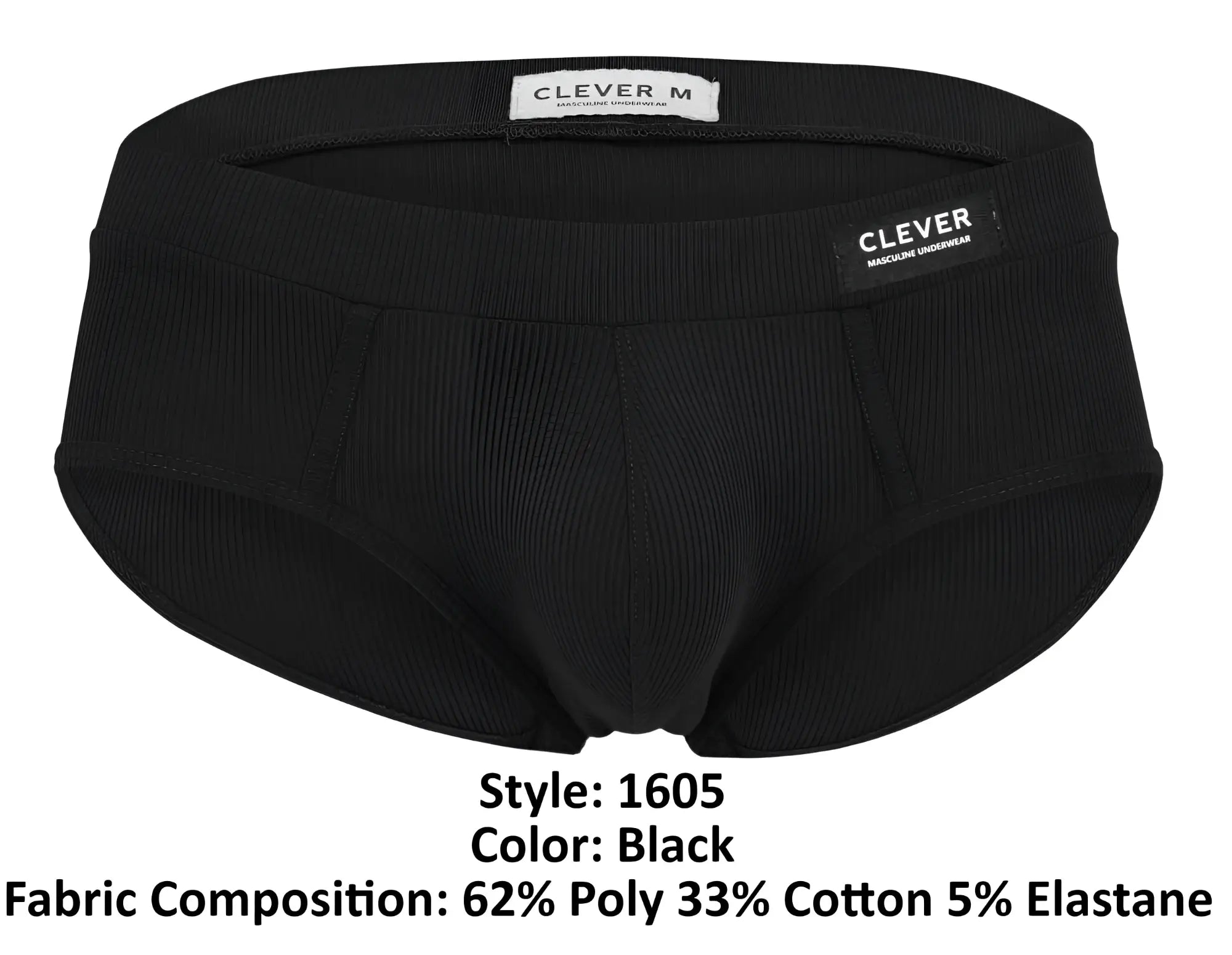 Black ribbed men’s briefs by clever featuring a sleek form-fitting design with elastic waistband in color black