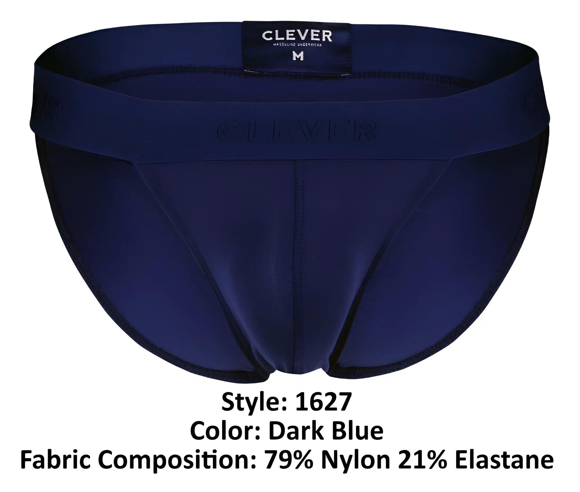Dark blue clever 1627 deseo bikini men’s briefs in smooth nylon elastane blend with subtle waistband embossing