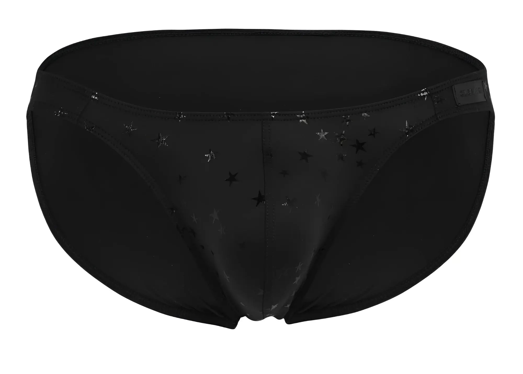 Black star-patterned clever 1633 illusion bikini swim trunks with a sleek form-fitting design in black color