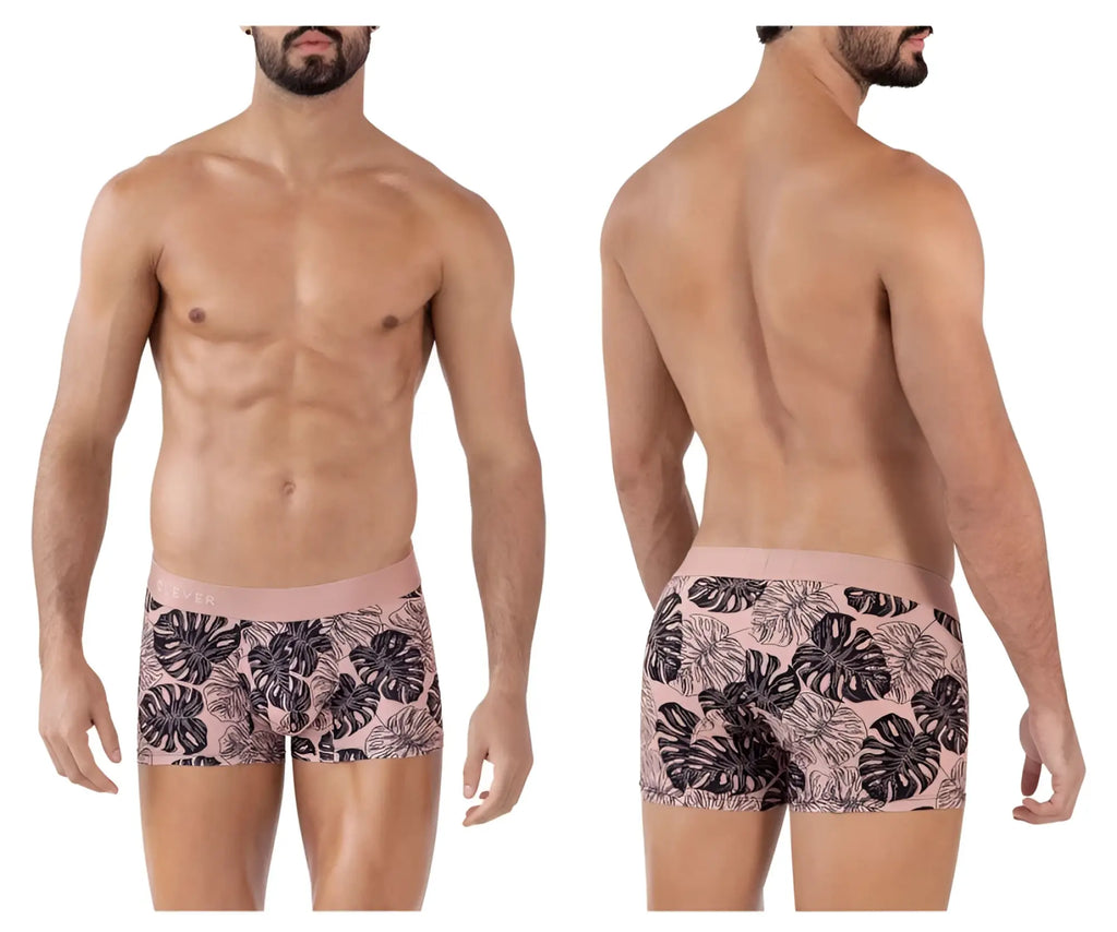 Pink clever 1635 pacif trunks men’s briefs with bold black monstera leaf pattern in soft stretch fabric