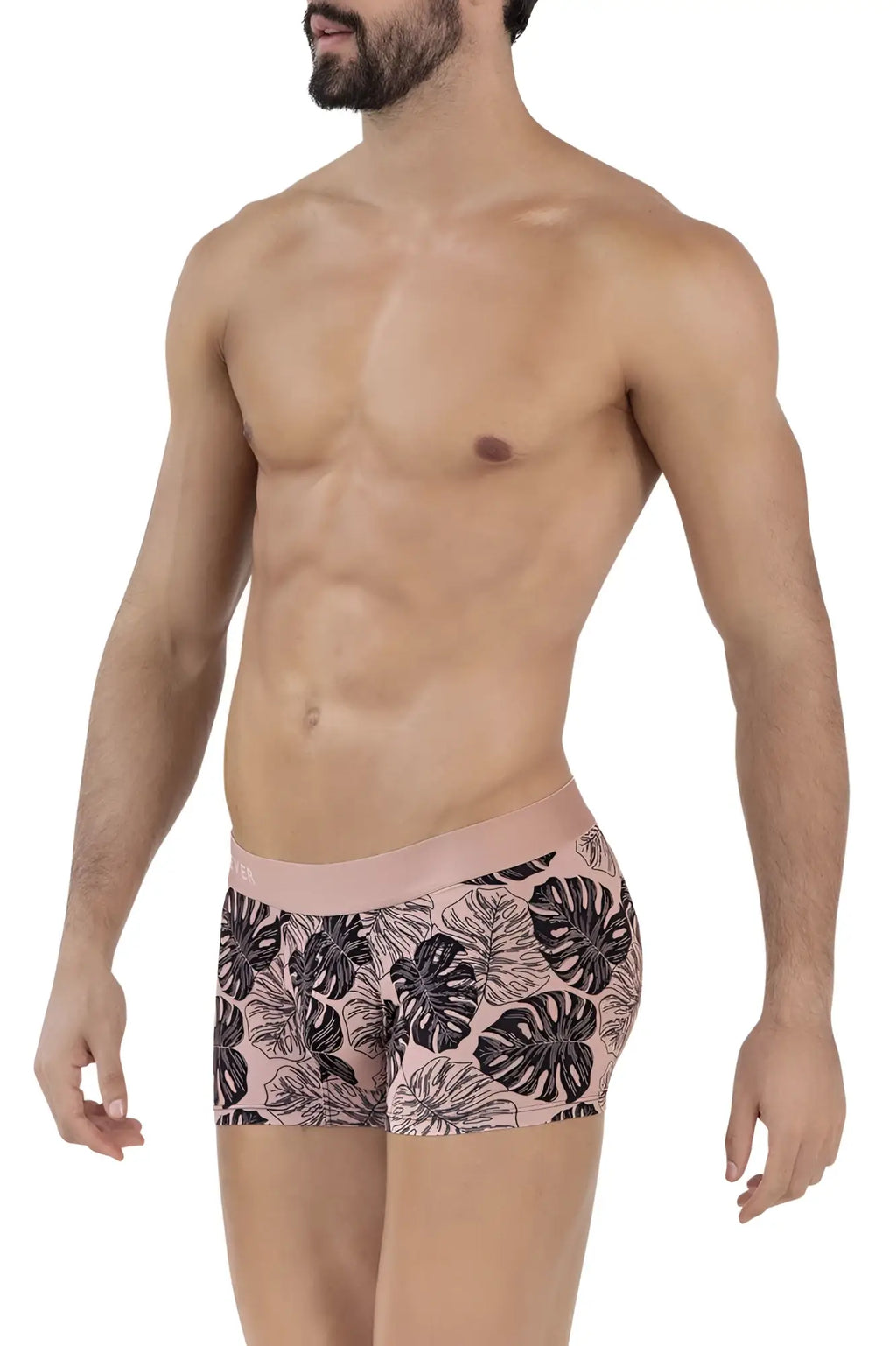 Pink clever 1635 pacif trunks men’s briefs with bold black monstera leaf pattern made from soft fabric