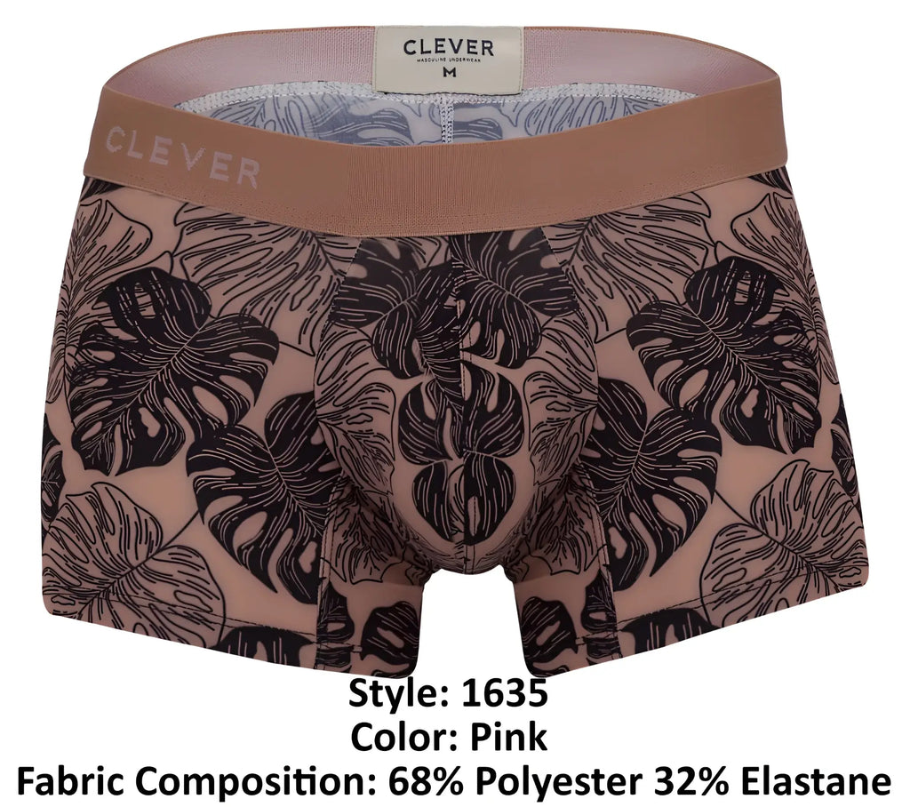 Pink clever 1635 pacif trunks men’s boxer briefs with black monstera leaf pattern and tan waistband