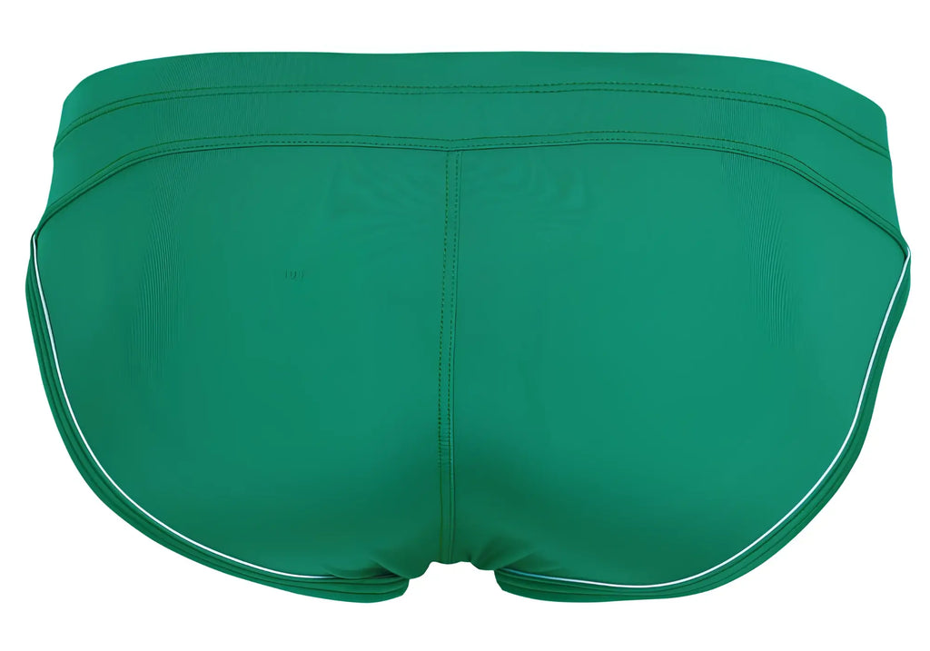Green swim trunks clever 1656 mirage bikini with white trim on waistband and leg openings for beach use