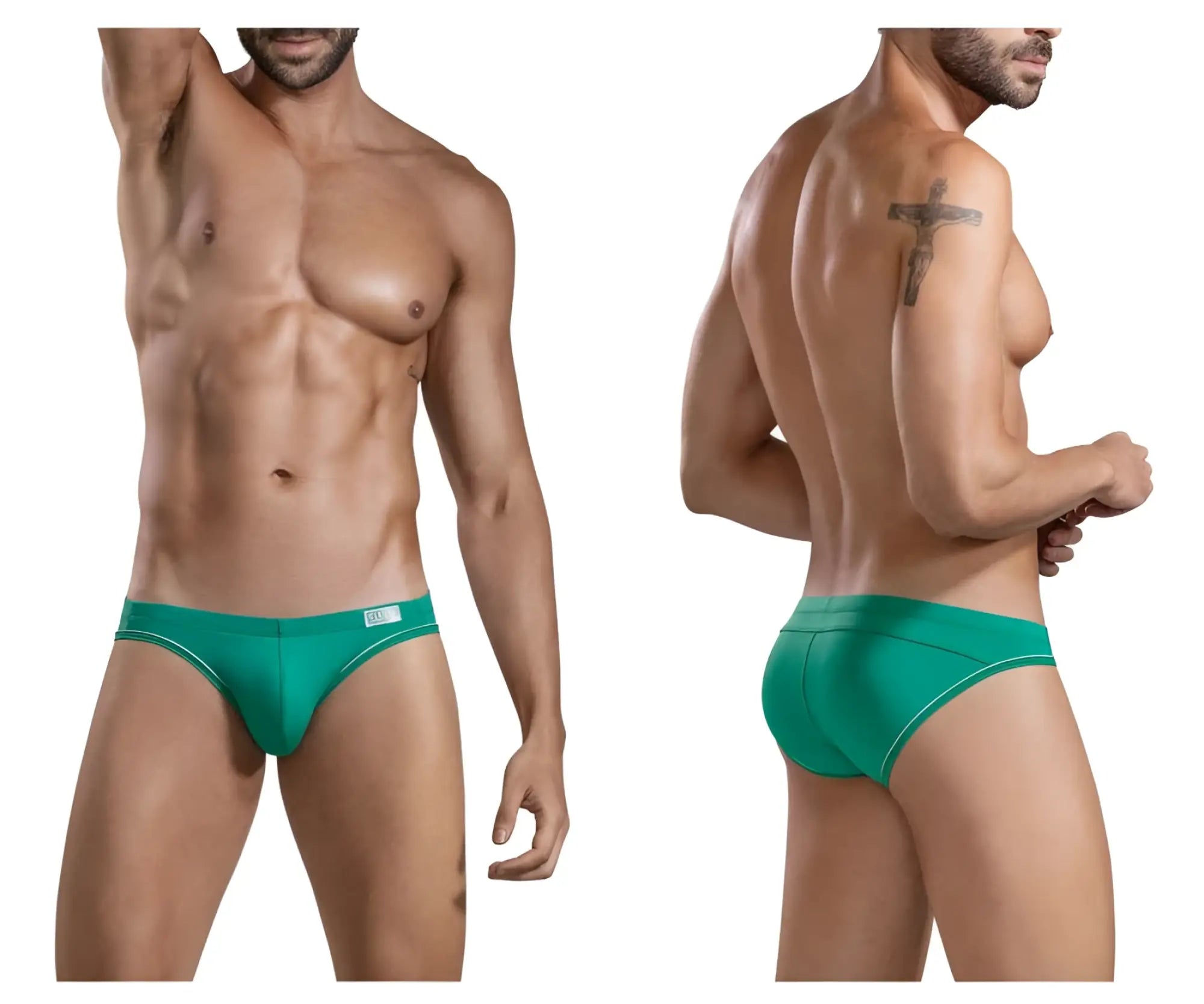 Teal athletic bikini briefs with white trim in clever 1656 mirage color green for active wear