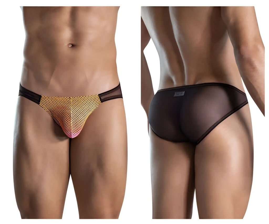 Clever 1657 mockery bikini briefs in black and gold mesh with a gradient pink to yellow pattern on the front